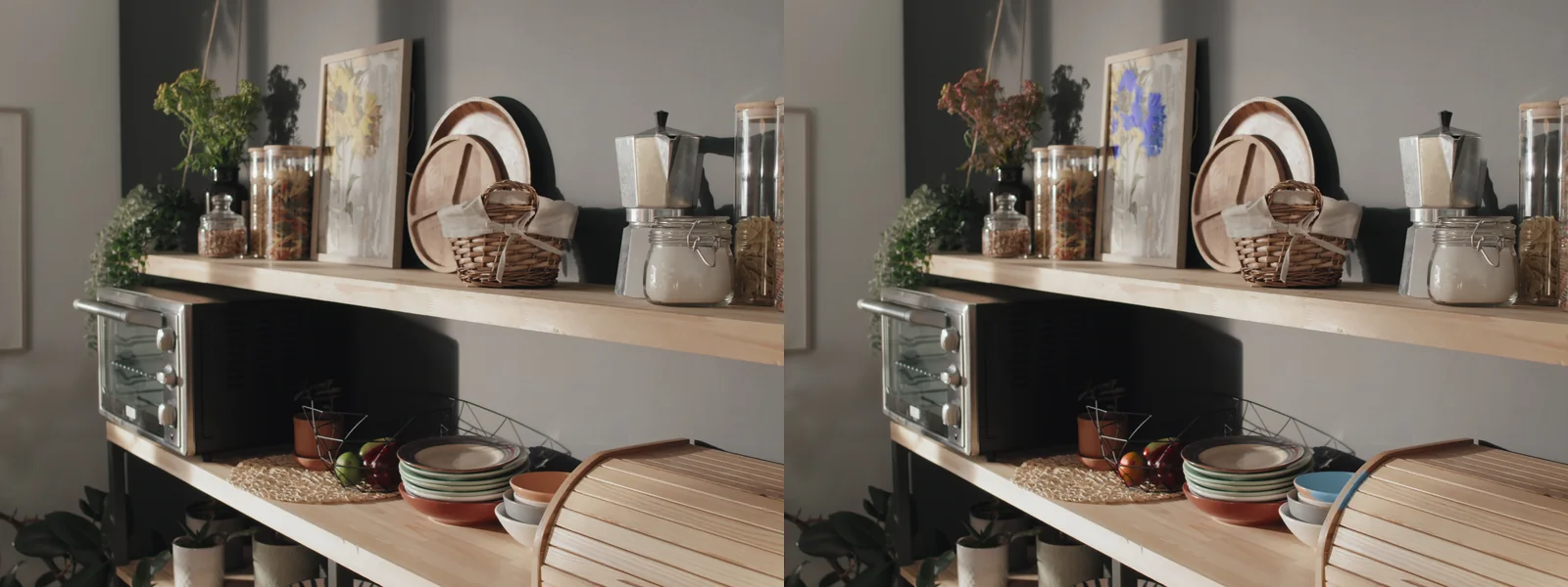 Kitchen shelves with a toaster oven, jars, plates, a coffee pot and a bread bin.